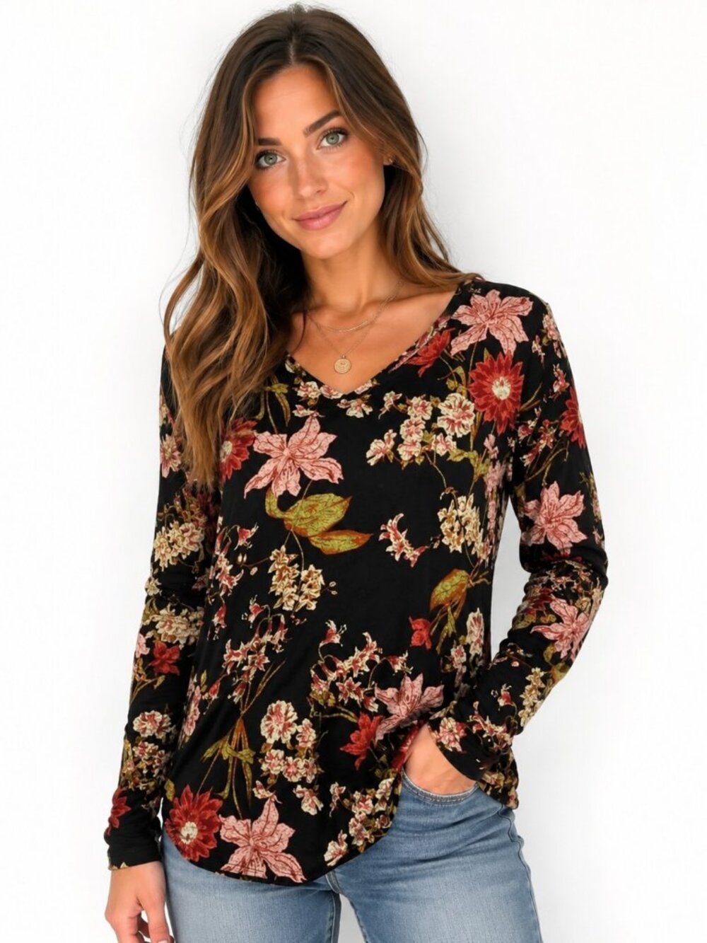 Well Worn Floral Long Sleeve Top Small Black V Neck Boho Stretch Lightweight
